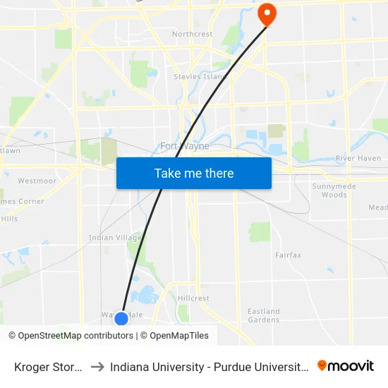 Kroger Store (Sb) to Indiana University - Purdue University Fort Wayne map