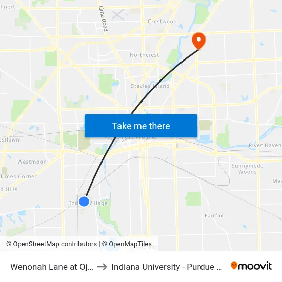 Wenonah Lane at Ojibway Trail (Sb) to Indiana University - Purdue University Fort Wayne map