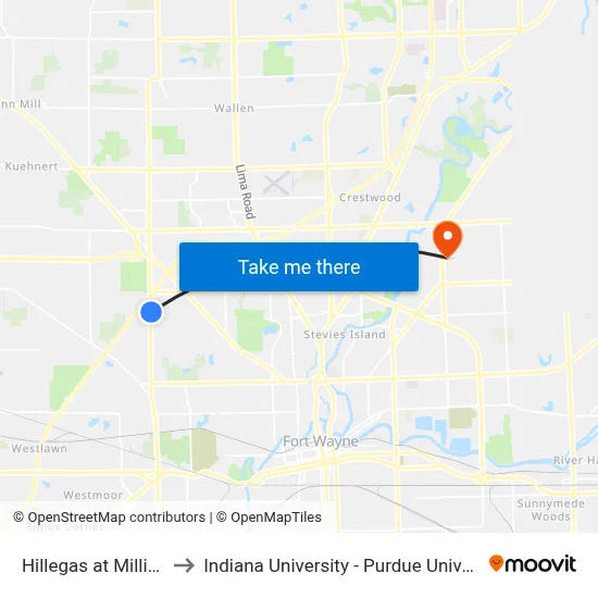 Hillegas at Millie's Bakery to Indiana University - Purdue University Fort Wayne map