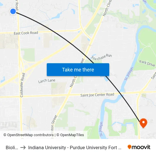 Biolife to Indiana University - Purdue University Fort Wayne map