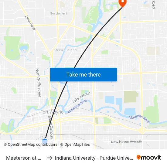 Masterson at Hoagland to Indiana University - Purdue University Fort Wayne map
