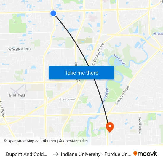 Dupont And Coldwater Rd. (Sb) to Indiana University - Purdue University Fort Wayne map