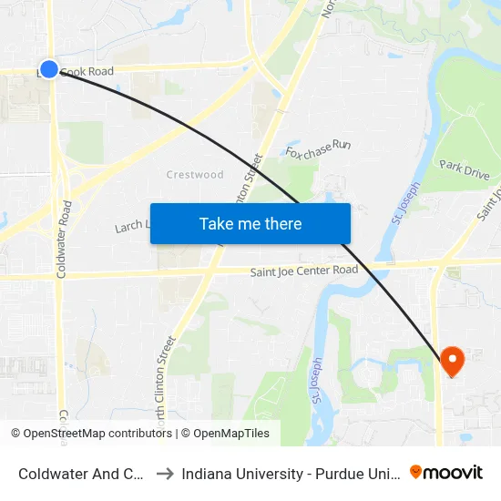 Coldwater And Cook Rd. (Sb) to Indiana University - Purdue University Fort Wayne map