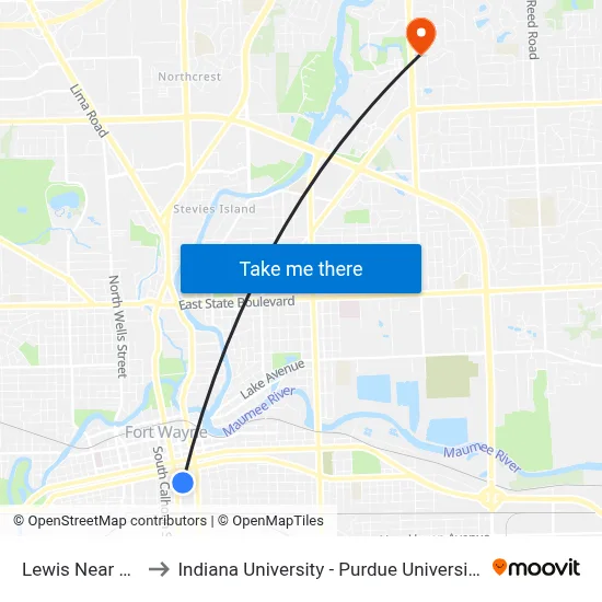 Lewis Near Clinton to Indiana University - Purdue University Fort Wayne map