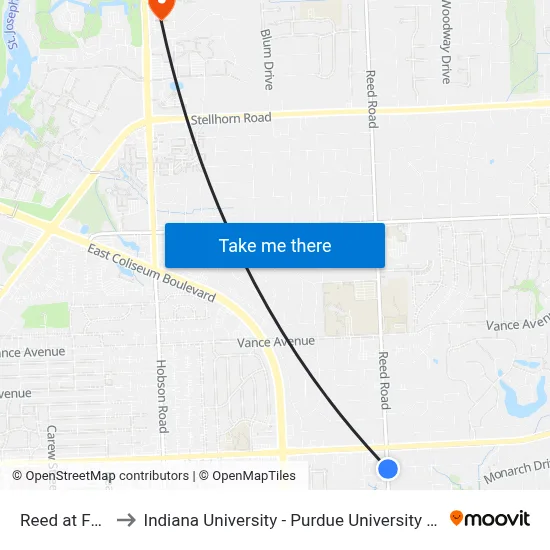 Reed at Forest to Indiana University - Purdue University Fort Wayne map