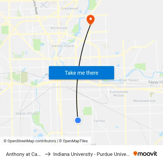 Anthony at Capitol (Sb) to Indiana University - Purdue University Fort Wayne map