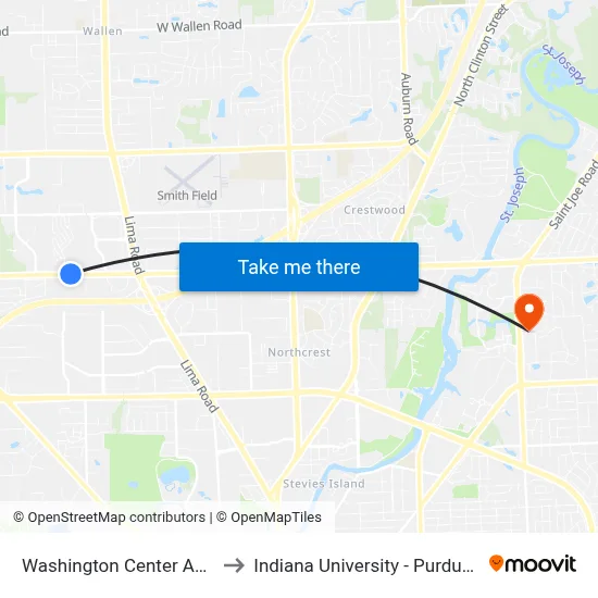 Washington Center And Country Forest Dr to Indiana University - Purdue University Fort Wayne map
