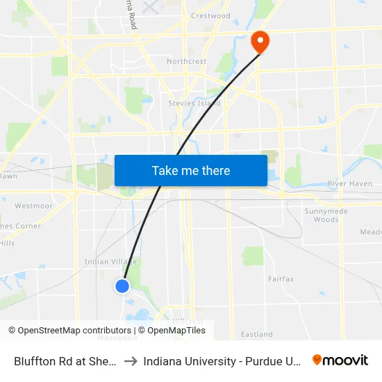 Bluffton Rd at Shell Gas Station to Indiana University - Purdue University Fort Wayne map