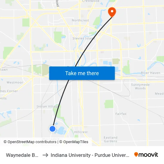 Waynedale Bmv (Sb) to Indiana University - Purdue University Fort Wayne map