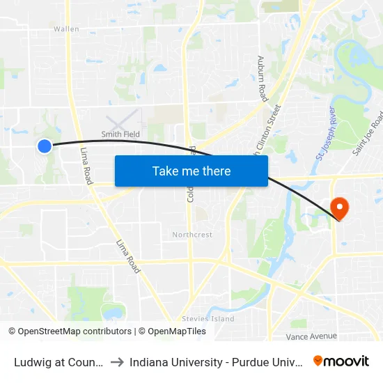 Ludwig at Country Forest to Indiana University - Purdue University Fort Wayne map
