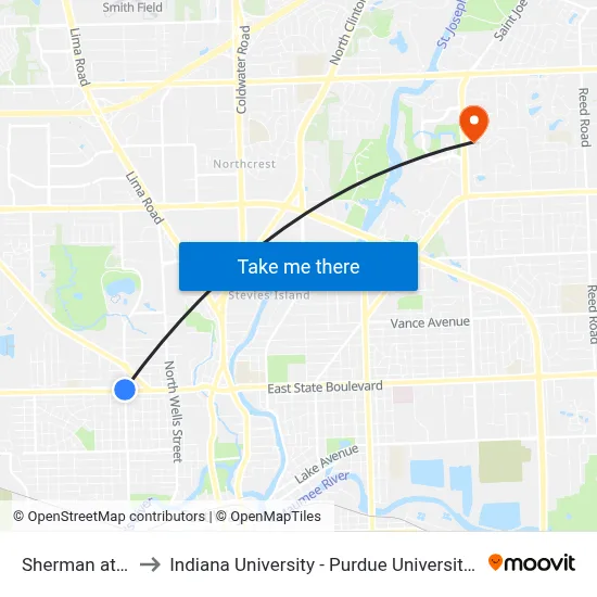 Sherman at State to Indiana University - Purdue University Fort Wayne map