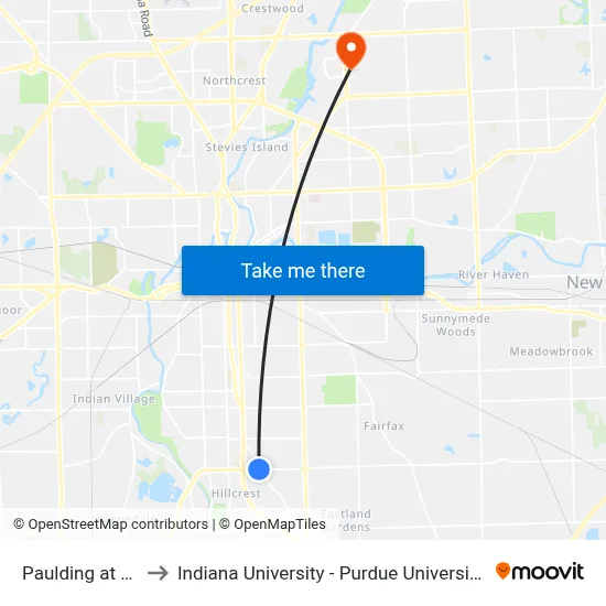 Paulding at Hanna to Indiana University - Purdue University Fort Wayne map