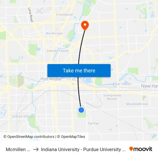 Mcmillen Park to Indiana University - Purdue University Fort Wayne map