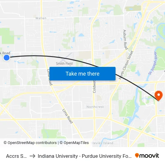 Accrs Stop to Indiana University - Purdue University Fort Wayne map