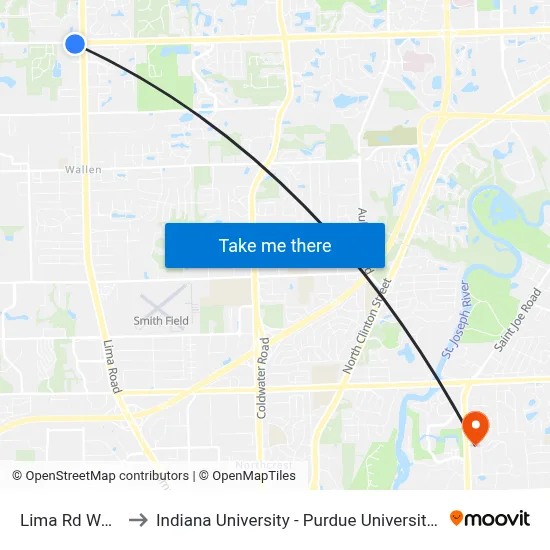 Lima Rd Walmart to Indiana University - Purdue University Fort Wayne map