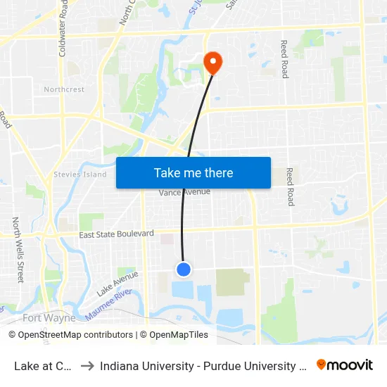 Lake at Carew to Indiana University - Purdue University Fort Wayne map