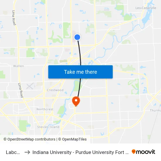 Labcorp to Indiana University - Purdue University Fort Wayne map