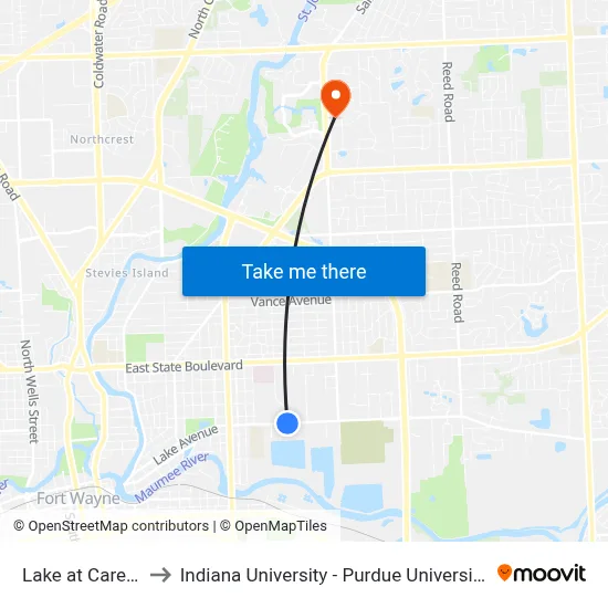 Lake at Carew (Eb) to Indiana University - Purdue University Fort Wayne map