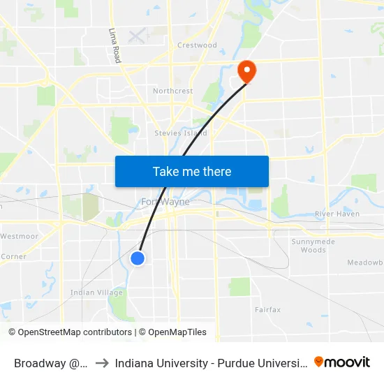 Broadway @ Maple to Indiana University - Purdue University Fort Wayne map