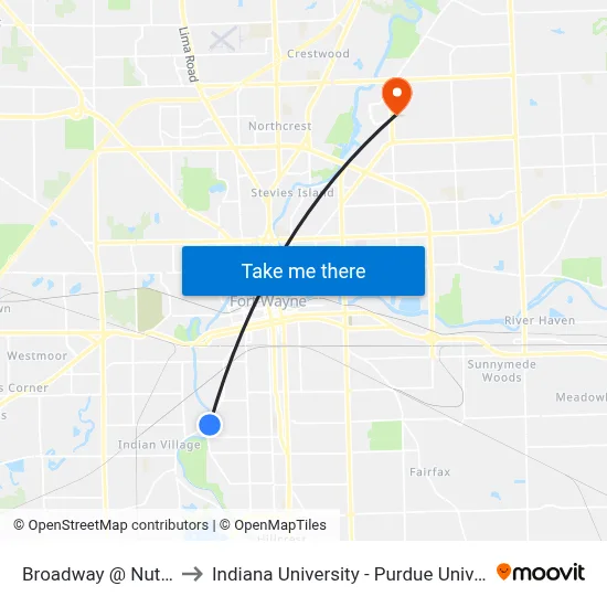 Broadway @ Nuttman (Ob) to Indiana University - Purdue University Fort Wayne map