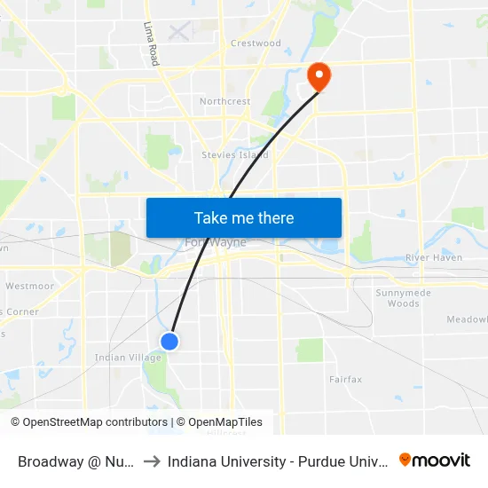 Broadway @ Nuttman (Ib) to Indiana University - Purdue University Fort Wayne map