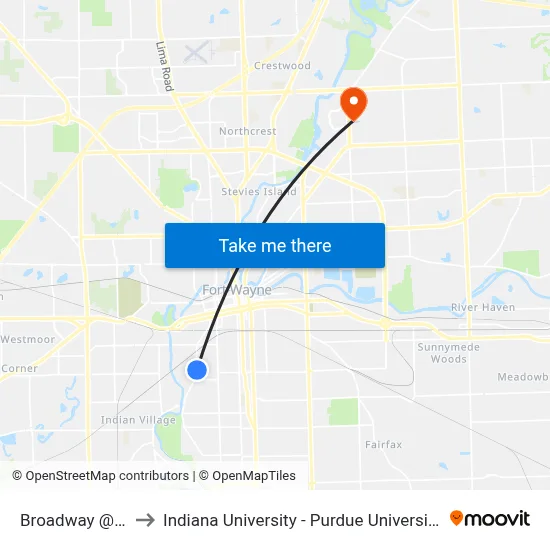 Broadway @ Grace to Indiana University - Purdue University Fort Wayne map