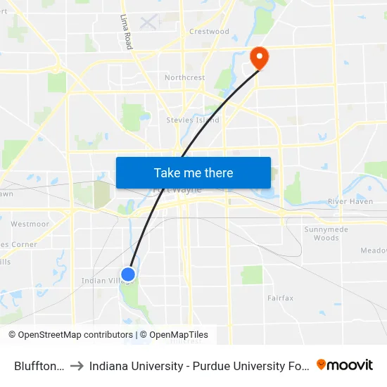 Bluffton Bk to Indiana University - Purdue University Fort Wayne map