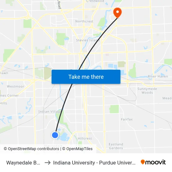 Waynedale Bmv (Sb) to Indiana University - Purdue University Fort Wayne map