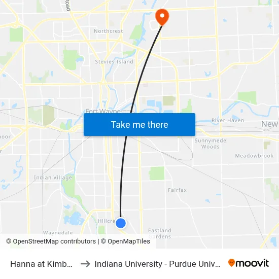 Hanna at Kimberton (Nb) to Indiana University - Purdue University Fort Wayne map