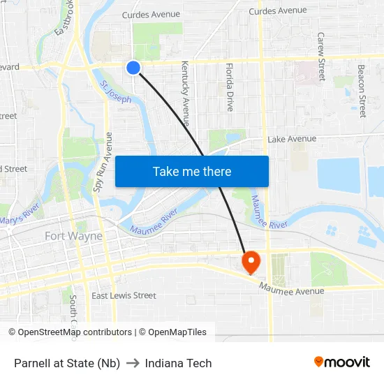 Parnell at State (Nb) to Indiana Tech map