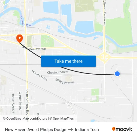New Haven Ave at Phelps Dodge to Indiana Tech map
