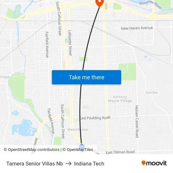 Tamera Senior Villas Nb to Indiana Tech map