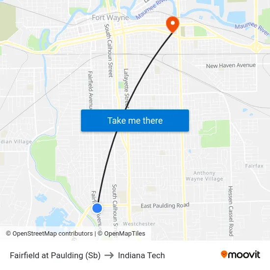 Fairfield at Paulding (Sb) to Indiana Tech map
