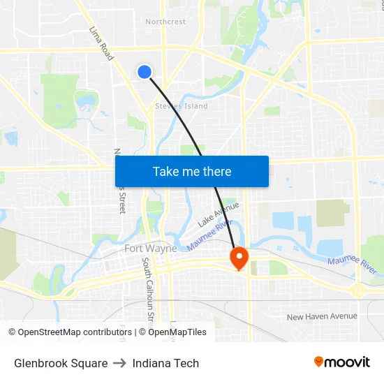 Glenbrook Square to Indiana Tech map