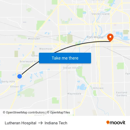 Lutheran Hospital to Indiana Tech map