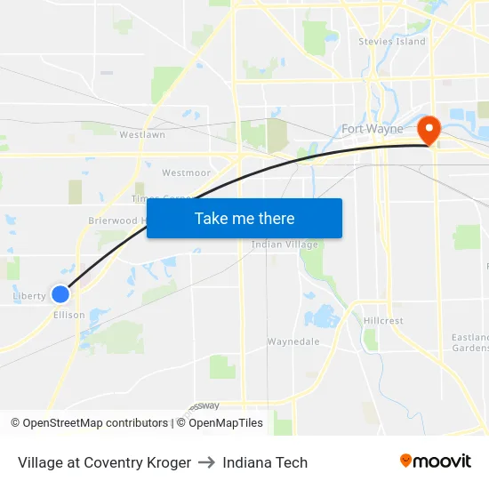 Village at Coventry Kroger to Indiana Tech map