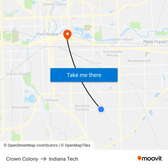 Crown Colony to Indiana Tech map