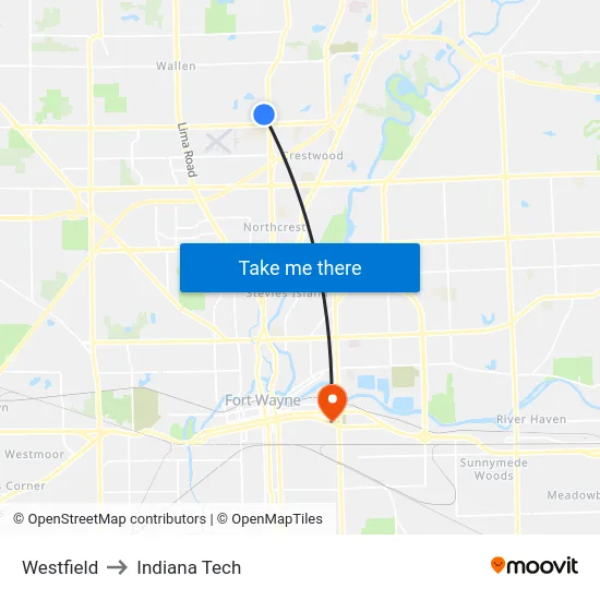 Westfield to Indiana Tech map