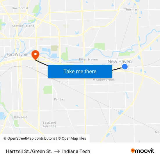Hartzell St./Green St. to Indiana Tech map