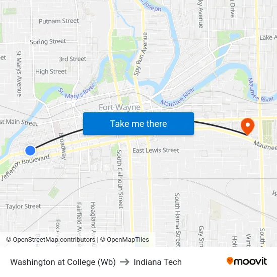 Washington at College (Wb) to Indiana Tech map