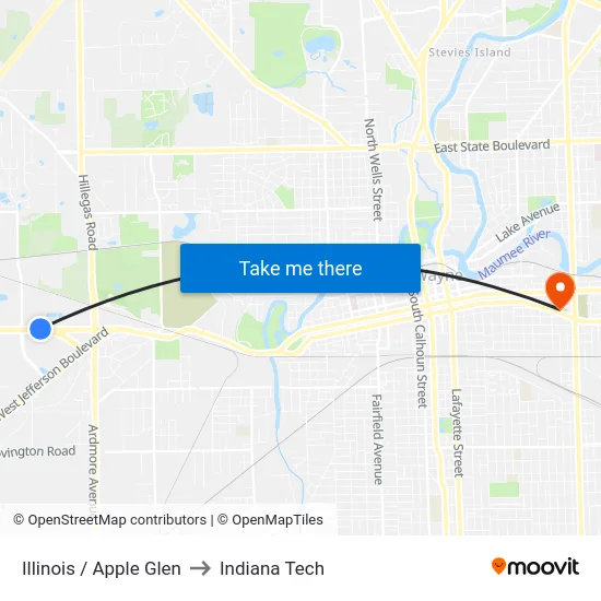 Illinois / Apple Glen to Indiana Tech map