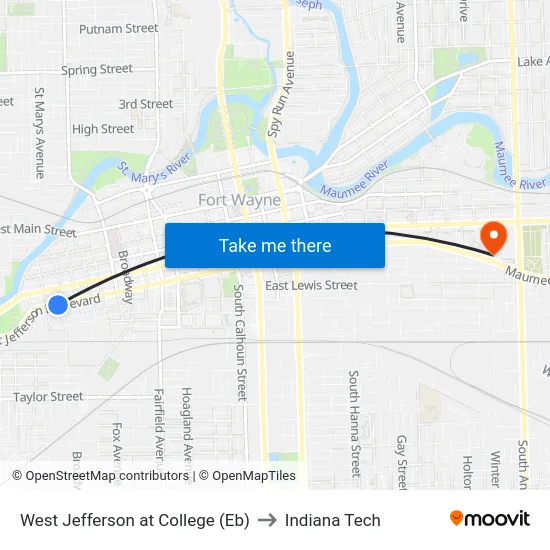 West Jefferson at College (Eb) to Indiana Tech map