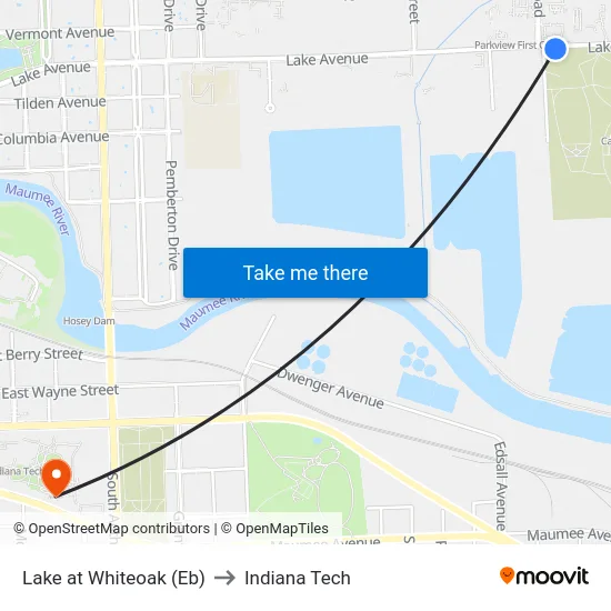 Lake at Whiteoak (Eb) to Indiana Tech map
