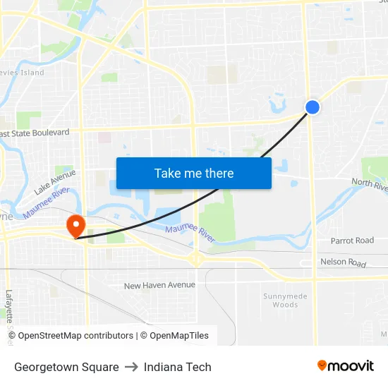 Georgetown Square to Indiana Tech map