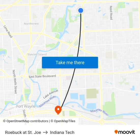 Roebuck at St. Joe to Indiana Tech map