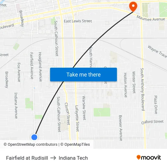 Fairfield at Rudisill to Indiana Tech map