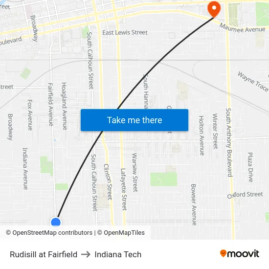 Rudisill at Fairfield to Indiana Tech map