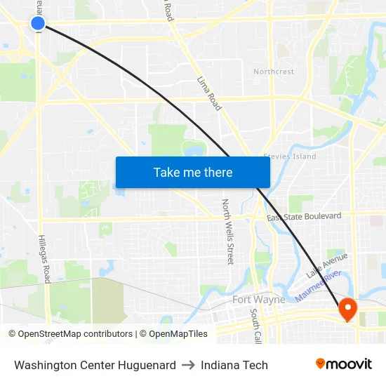 Washington Center Huguenard to Indiana Tech map