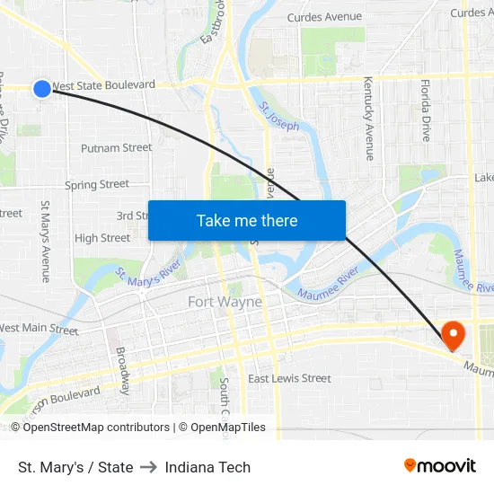 St. Mary's / State to Indiana Tech map