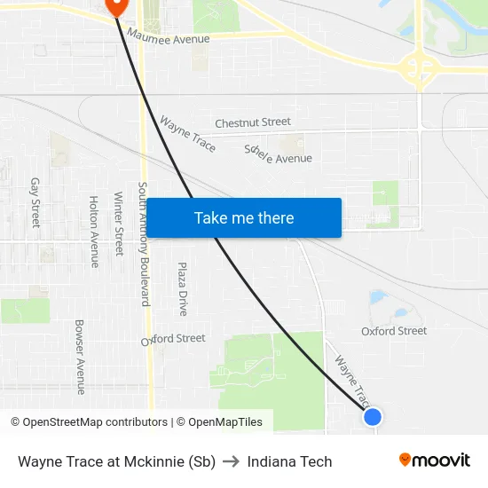 Wayne Trace at Mckinnie (Sb) to Indiana Tech map